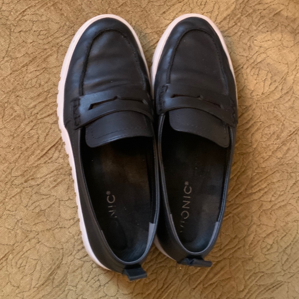 Vionic Black Leather Loafers with White Soles